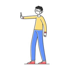 Man avoiding close contacts. Man and woman wearing protective medical masks, keeping social distance. Vector illustration for outbreak