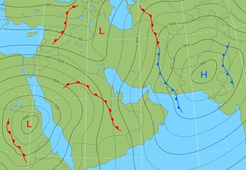 Forecast weather isobar map of Middle East, wind fronts and temperature vector diagrams. Meteorology climate and weather forecast isobar of Middle East, cyclones and atmospheric pressure chart - obrazy, fototapety, plakaty