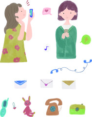 スマホを使用する二人の女性のイラストセット【ベクター】