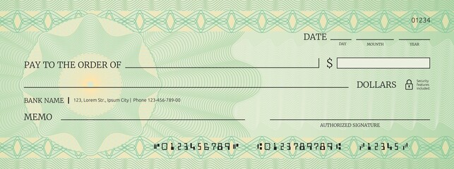 Blank bank check, checkbook cheque template with green guilloche, vector mockup. Bank payment check or money voucher and cash pay cheque certificate, dollar bill paycheck with guilloche pattern