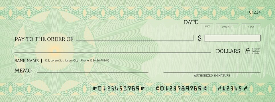 Blank Bank Check, Checkbook Cheque Template With Green Guilloche, Vector Mockup. Bank Payment Check Or Money Voucher And Cash Pay Cheque Certificate, Dollar Bill Paycheck With Guilloche Pattern