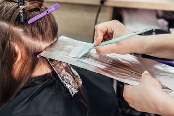 Professional hairdresser dying client's hair in beauty salon, closeup