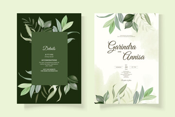  Elegant wedding invitation card with beautiful leaves template Premium Vector