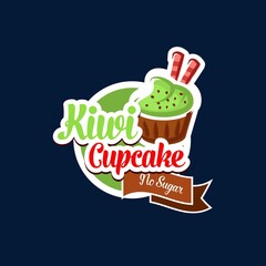 Kiwi cupcake vector icon of sweet muffin with fruit cream, chocolate drops and wafer tubes. Sweet food or dessert with ribbon banner isolated badge of pastry shop, bakery, cafe or bistro