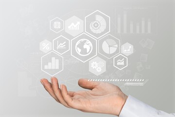 bring business marketing information in your hand . modern management chart infographic display