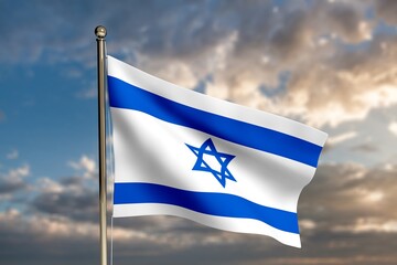 Israeli flag with a star of David over Jerusalem at sky background
