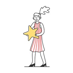 Woman holding review star flat vector illustration. People giving award for good quality and service. Excellence rating and client feedback