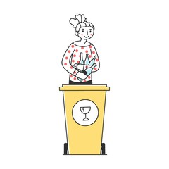 Girl sorting trash and rubbish flat vector illustration. Responsible men and women standing near dustbin and putting garbage