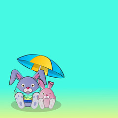 Two round cartoon pink rabbits on the sea.