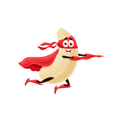 Emoticon character with cute face flying superhero in red cape and mask isolated dried bean legume cashew nut cartoon character. Vector bean comic superfood hero. Vegetarian food, healthy vegetable