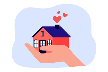 Hand holding tiny house with red comic hearts. Person selling or buying property flat vector illustration. Real estate, mortgage, investment concept for banner, website design or landing web page