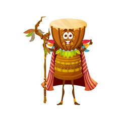 Cartoon african drum witch character, isolated vector djembe voodoo shaman wear cape with feathers holding wooden staff. Funny tribal percussion instrument, fairy tale bongo drum musical personage