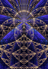 Abstract fractal art in blue and gold, based on the Sierpinski Triangle fractal, with shading that gives it a 3D effect.