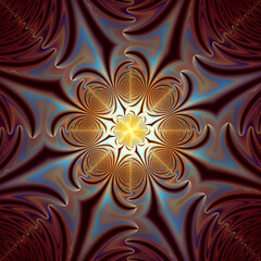 Abstract fractal art background of orange, dark red and blue shapes with a zig-zag or zipper effect, perhaps suggestive of a flower, or a marbled painting.