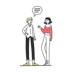 Group of people talking to each other. Men and women chatting with dialog bubbles and gestures. Vector illustration for communication