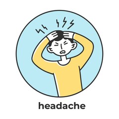 Headache. Person having coronavirus symptoms. Sick man suffering from flu, cough, fever, headache, respiratory disease. Vector illustration for health