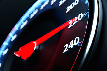 3D illustration close up black car panel, digital bright speedometer in sport style. The speedometer needle shows a maximum speed of 220 km / h