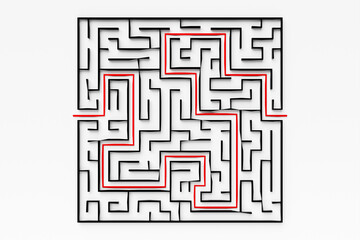 3d illustration of a black square  corridor - puzzle. 3D Labyrinth with volumetric walls. Dungeon escape or puzzle level design.