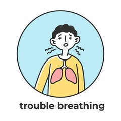 Labored breathing. Person having coronavirus symptoms. Sick man suffering from flu, cough, fever, headache, respiratory disease. Vector illustration for health