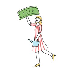 Girl holding dollar bill in hand flat vector illustration. Cartoon character investing finance for revenue and growth. Financial wealth and prosperity