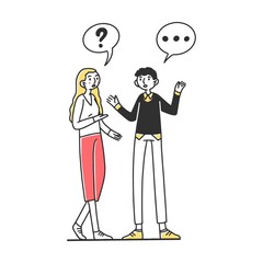 People talking to each other. Men and women chatting with dialog bubbles and gestures. Vector illustration for communication