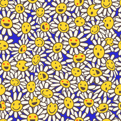 Old school psychedelic background with smile faces in chamomile flowers. Hippie vector seamless pattern. Nostalgia retro 70s groovy print. Colorful textile and surface design