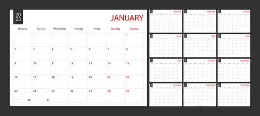 Calendar 2023 week start Monday corporate design planner template.