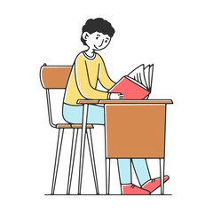 Fototapeta na wymiar Happy student at college classroom reading book at desk flat vector illustration. Young people in class listening lecture and teacher explaining theme