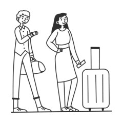 Line of tourists at airport check in counter. Queue of passengers waiting for registration to their flight. Vector illustration for tourism, trip