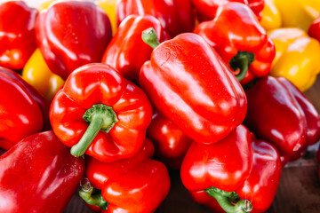 Lots of fresh bell peppers at the farmers market counter