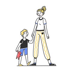 Mother and son. waiting in line for service vector illustration. Customers standing in queue for payment. Cashier providing service for clients. Shopping in store