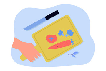Cutting board with vegetables in human hand. Man cooking, cutting carrot, tomato and broccoli, making soup flat vector illustration. Dinner, food concept for banner, website design or landing web page