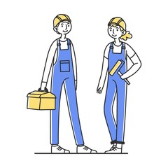 Team of builders working on construction site. Painter, engineer, foreman in helmets holding tools. Vector illustration for teamwork