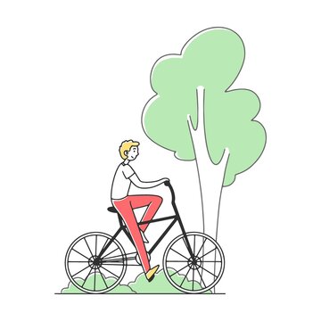 Man rides two wheeled bicycle in park. outdoors. Parents and children cycling in summer park. Vector illustration for togetherness