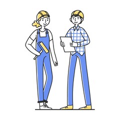 Chief and subordinate. Team of builders working on construction site. Painter, engineer, foreman in helmets holding tools. Vector illustration for teamwork
