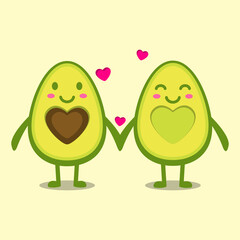 Funny happy cute happy smiling couple of avocado in love. Cute cartoon avocado couple holding hands. Valentine's day greeting card. Vector illustration for any design