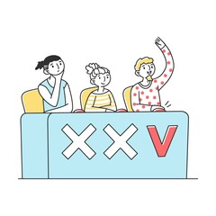 Jury behind the podium at talent show flat vector illustration. Future celebrity singer standing on scene or stage in front of jury. Competition and television