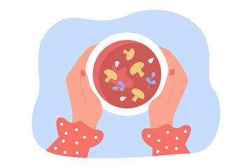 Plate of soup in human hands flat vector illustration. Woman holding bowl of hot mushroom soup. Homemade comfort food, dinner, meal concept for banner, website design or landing web page