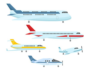 Obraz na płótnie Canvas Different types of planes flat vector illustrations set. Passenger airplane or aeroplane, jets or aircrafts for airlines, air transport isolated on white background. Aviation, transportation concept