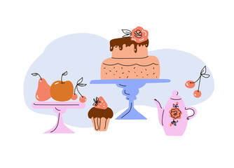 Afternoon tea set with cakes, doodle sketch hand drawn vector design