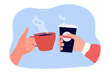 Hands of friends or colleagues holding cup and mug with coffee. People drinking hot drink flat vector illustration. Communication, friendship, coffee break concept for banner or landing web page