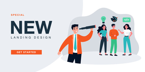 Manager with spyglass looking for creative workers. Programmer, artist and girl with ideas flat vector illustration. HR, recruitment concept for banner, website design or landing web page