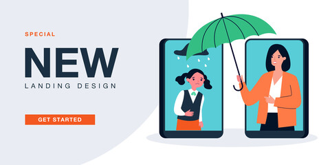 Counselor with umbrella giving help, support and care to girl. Online communication of woman and sad child on flat vector illustration. Therapy concept for banner, website design or landing web page