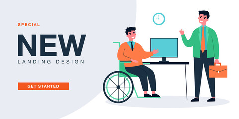 Office worker in wheelchair at desk greeting colleague. Employee in accessible workplace flat vector illustration. Accessibility, disability concept for banner, website design or landing web page