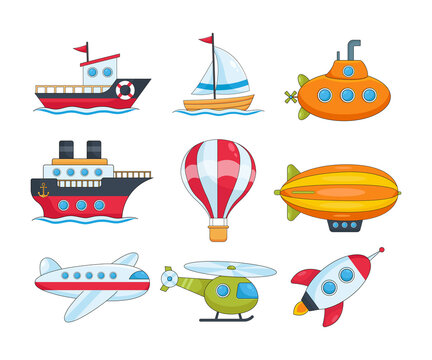 Different water and air transport vector illustrations set. Collection of cartoon drawings of boat, flying plane, helicopter, space ship, airship isolated on white background. Transportation concept