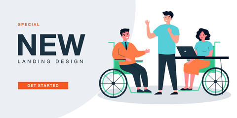 Accessible workplace with employees in wheelchairs. Office worker in wheelchair talking to colleague flat vector illustration. Accessibility concept for banner, website design or landing web page