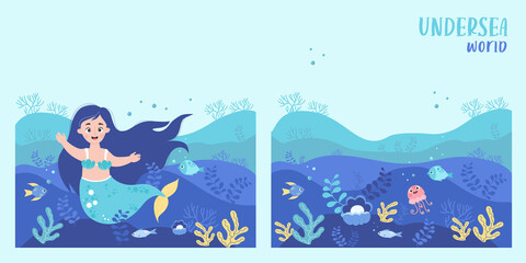 Underwater square poster set with cute mermaid on seabed, underwater world landscape, plants, jellyfish and fish, corals, pearls. Vector illustration with transparent background for design, decor.