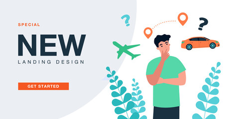 Man choosing transport for travel, planning vacation. Male tourist selecting between car and airplane flat vector illustration. Trip, tourism concept for banner, website design or landing web page