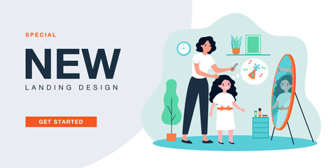 Mother combing hair of daughter in front of mirror. Happy woman preparing girl for holiday flat vector illustration. Family, celebration concept for banner, website design or landing web page