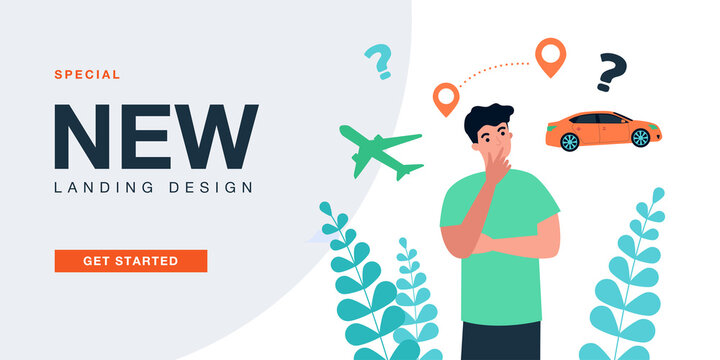 Man choosing transport for travel, planning vacation. Male tourist selecting between car and airplane flat vector illustration. Trip, tourism concept for banner, website design or landing web page
